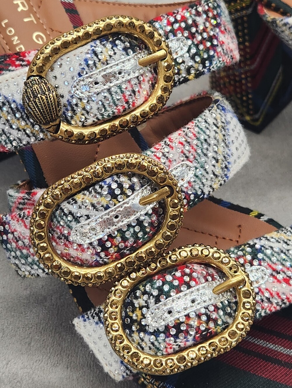 Kurt Geiger Heeled Mules 10 Plaid Mayfair Buckle Chunky Platform Sandal New $245 - Picture 5 of 16